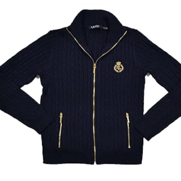 RALPH LAUREN 100% Cotton Navy and Gold Zipper Cable Knit Jacket Size Large - Picture 2 of 11